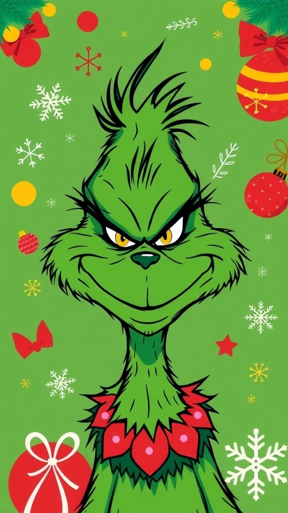 Grinch Christmas wallpaper with festive decorations, perfect for iPhone.